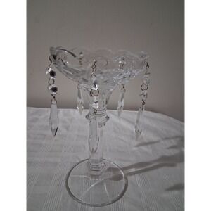 Vintage  Crystal Pedestal Compote Bowl with Hanging Prisms Scalloped Edge Clear